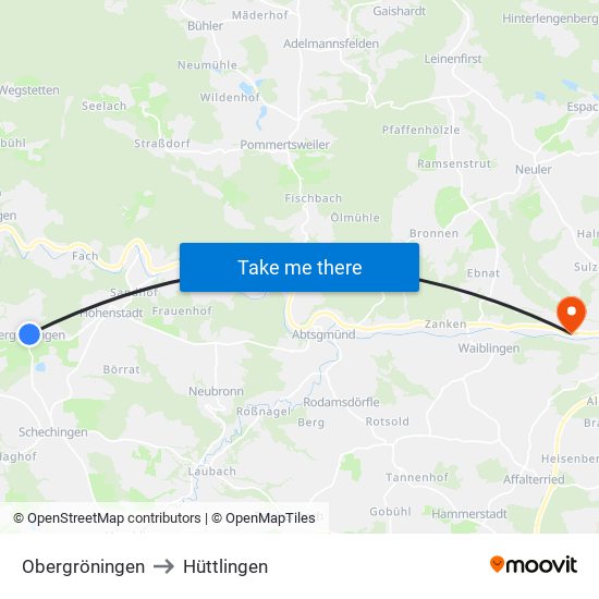 Obergröningen to Hüttlingen map