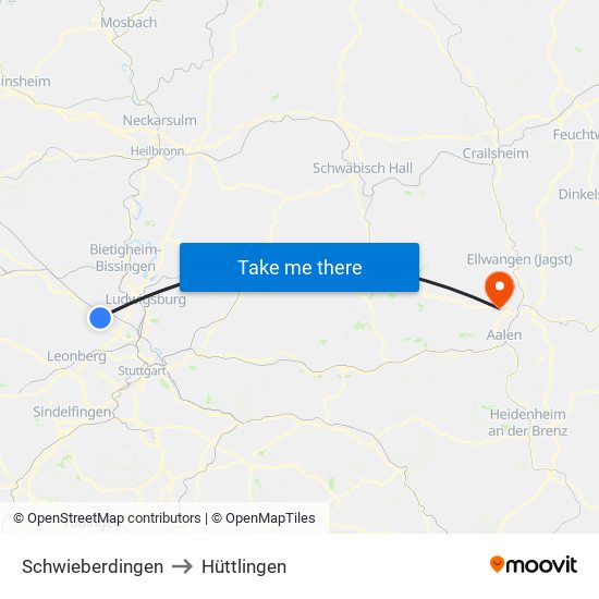 Schwieberdingen to Hüttlingen map