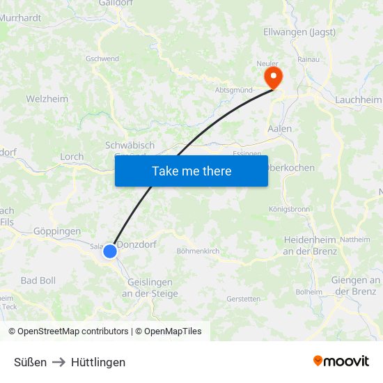 Süßen to Hüttlingen map