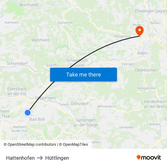 Hattenhofen to Hüttlingen map