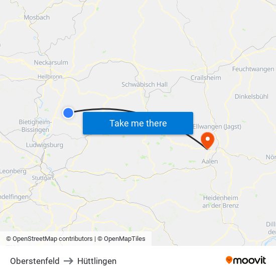 Oberstenfeld to Hüttlingen map