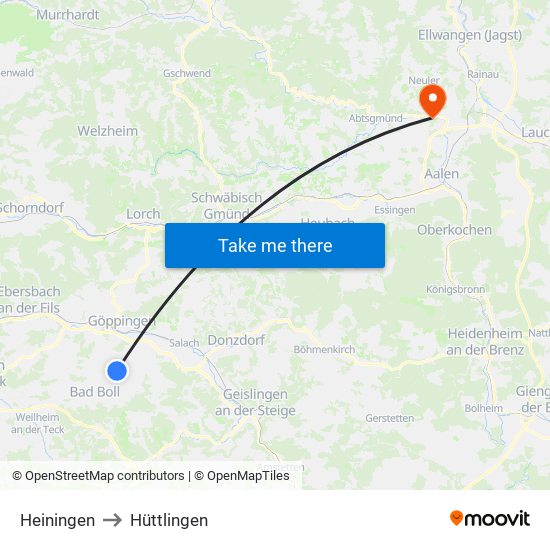 Heiningen to Hüttlingen map