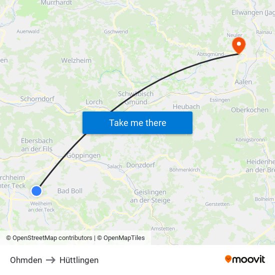 Ohmden to Hüttlingen map