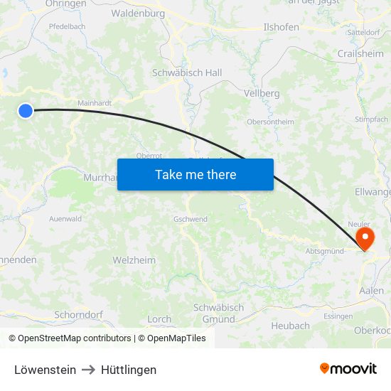 Löwenstein to Hüttlingen map