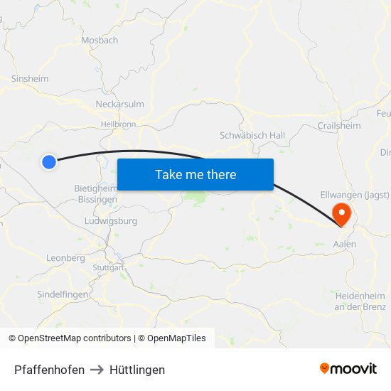 Pfaffenhofen to Hüttlingen map