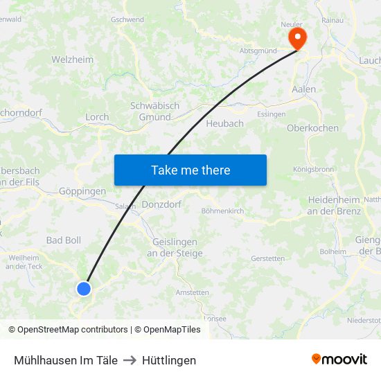 Mühlhausen Im Täle to Hüttlingen map