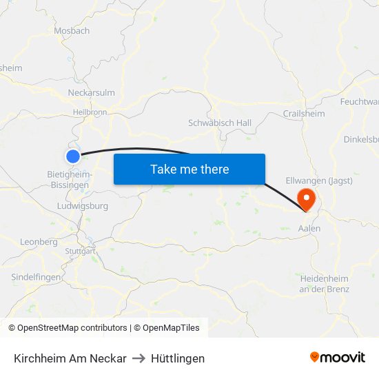 Kirchheim Am Neckar to Hüttlingen map