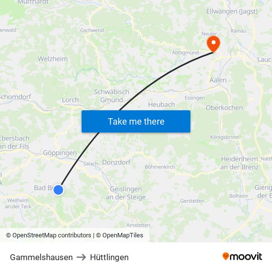 Gammelshausen to Hüttlingen map