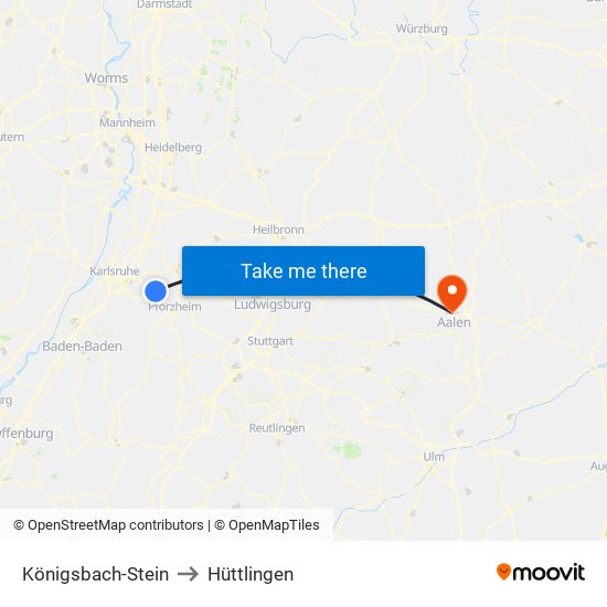 Königsbach-Stein to Hüttlingen map