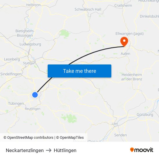 Neckartenzlingen to Hüttlingen map