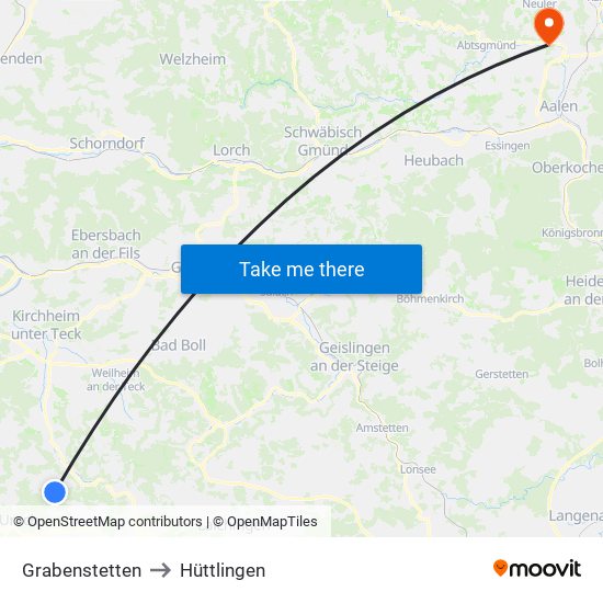 Grabenstetten to Hüttlingen map