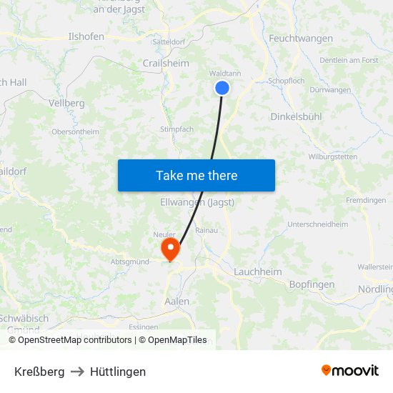Kreßberg to Hüttlingen map