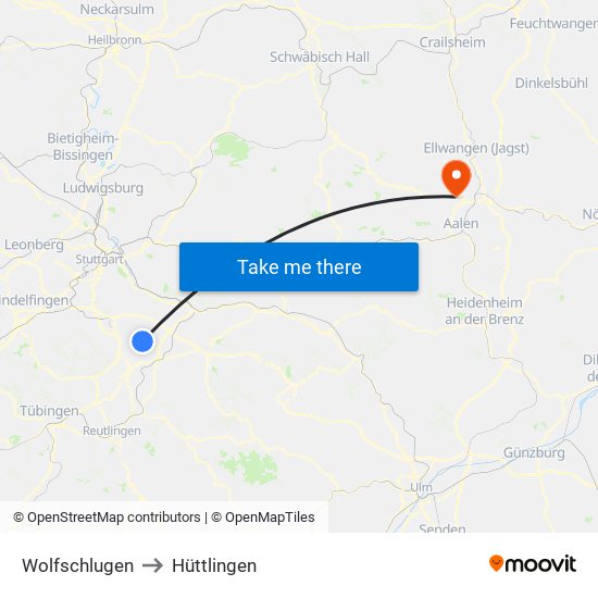 Wolfschlugen to Hüttlingen map