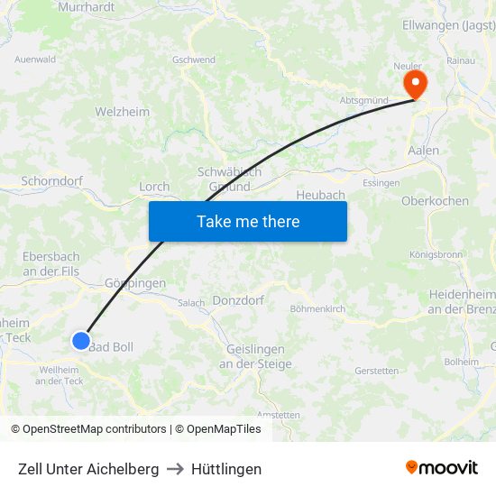 Zell Unter Aichelberg to Hüttlingen map
