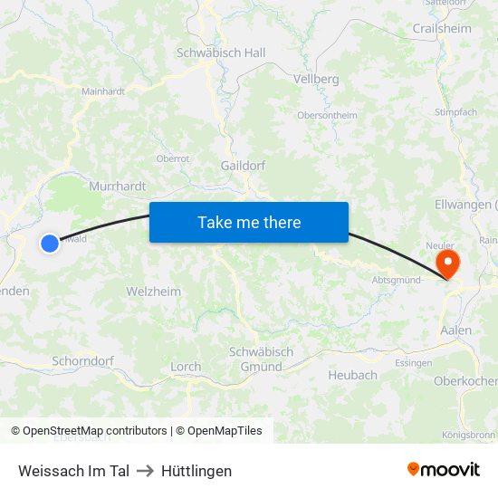 Weissach Im Tal to Hüttlingen map