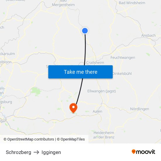 Schrozberg to Iggingen map