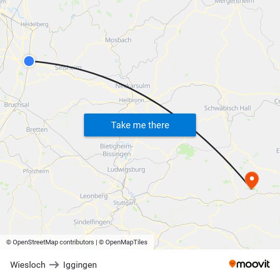 Wiesloch to Iggingen map