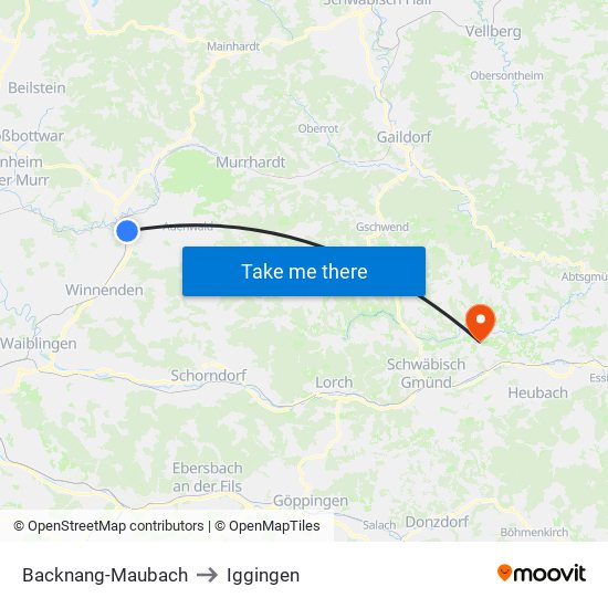 Backnang-Maubach to Iggingen map