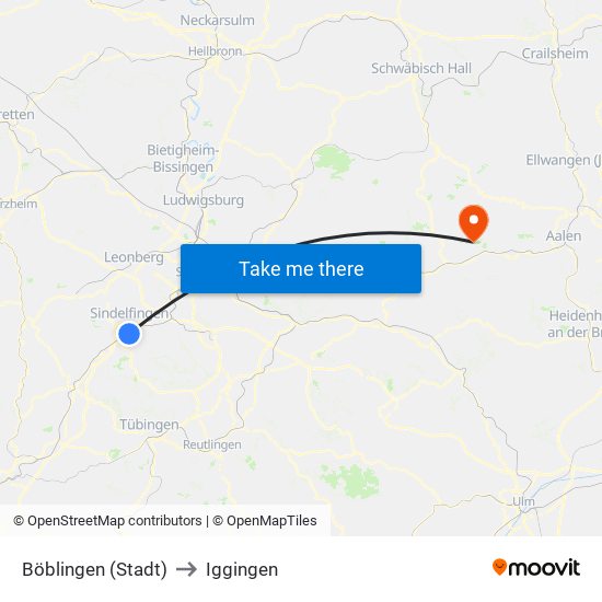 Böblingen (Stadt) to Iggingen map