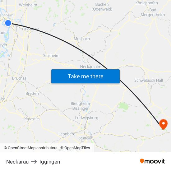 Neckarau to Iggingen map