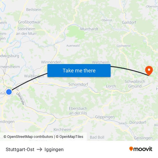 Stuttgart-Ost to Iggingen map