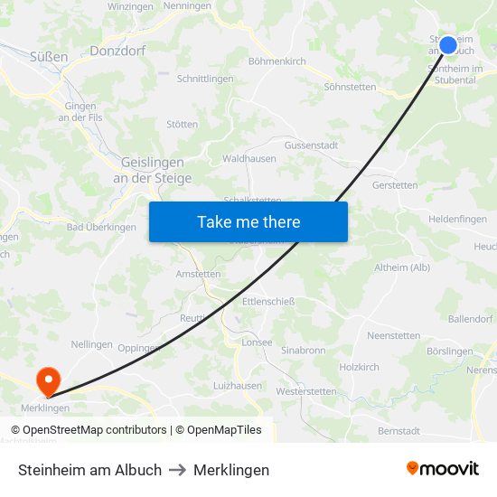 Steinheim am Albuch to Merklingen map