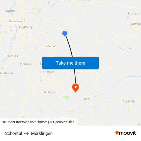 Schöntal to Merklingen map