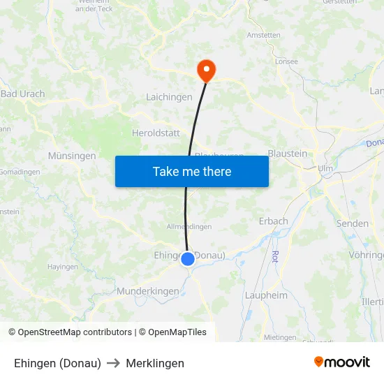 Ehingen (Donau) to Merklingen map