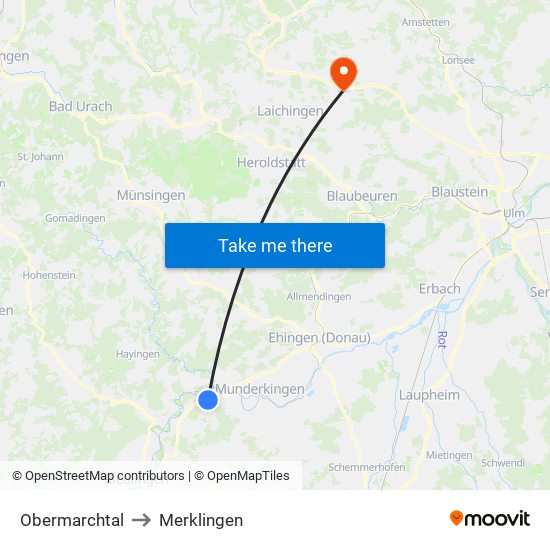 Obermarchtal to Merklingen map