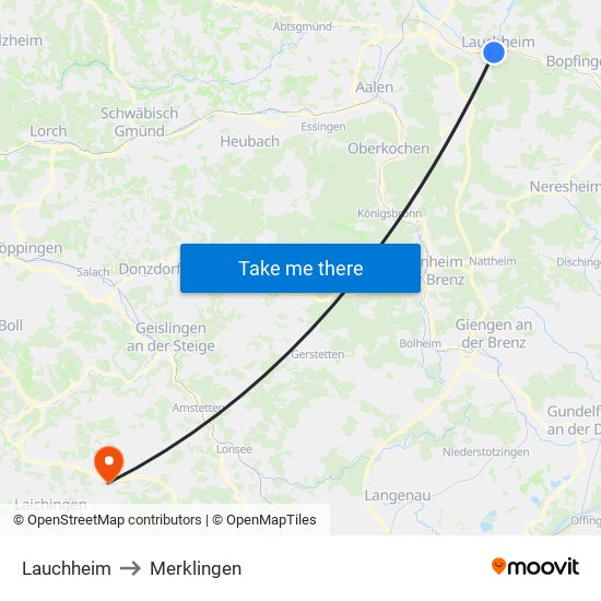 Lauchheim to Merklingen map