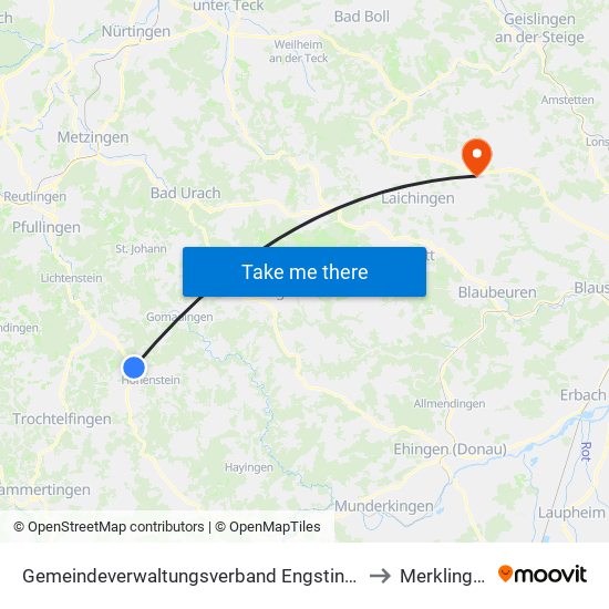 Gemeindeverwaltungsverband Engstingen to Merklingen map