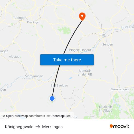 Königseggwald to Merklingen map