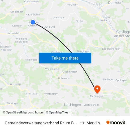 Gemeindeverwaltungsverband Raum Bad Boll to Merklingen map