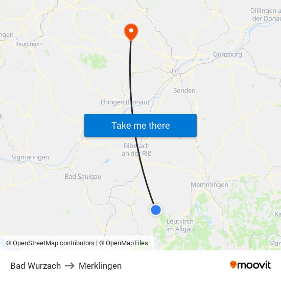 Bad Wurzach to Merklingen map
