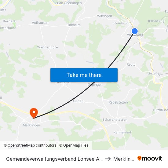 Gemeindeverwaltungsverband Lonsee-Amstetten to Merklingen map