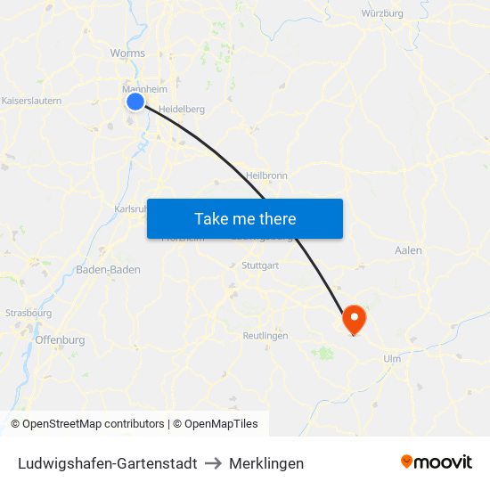 Ludwigshafen-Gartenstadt to Merklingen map