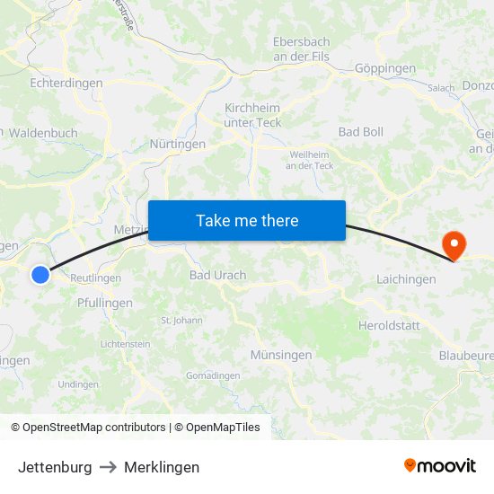 Jettenburg to Merklingen map