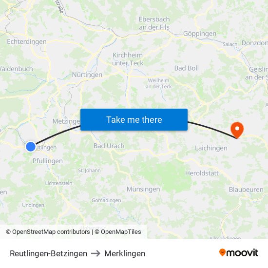 Reutlingen-Betzingen to Merklingen map