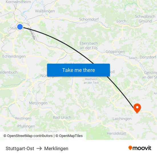 Stuttgart-Ost to Merklingen map