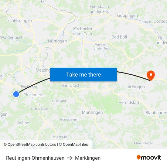 Reutlingen-Ohmenhausen to Merklingen map