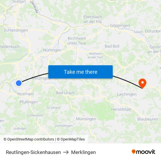 Reutlingen-Sickenhausen to Merklingen map