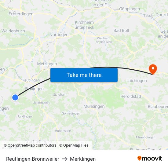 Reutlingen-Bronnweiler to Merklingen map