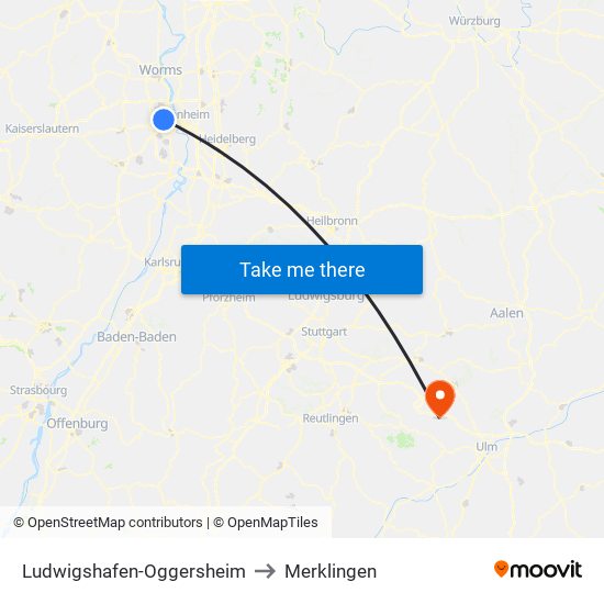 Ludwigshafen-Oggersheim to Merklingen map