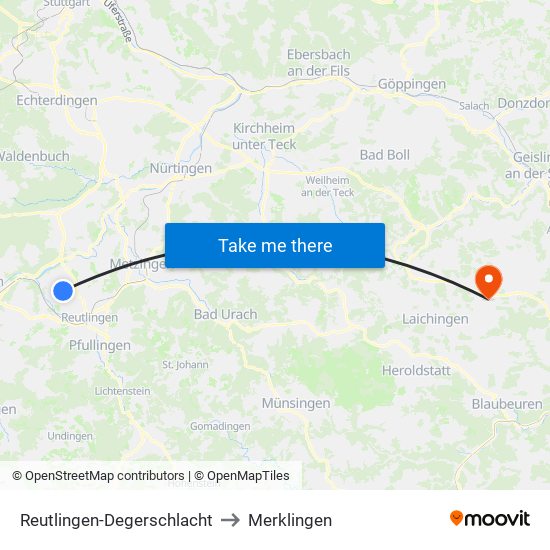 Reutlingen-Degerschlacht to Merklingen map