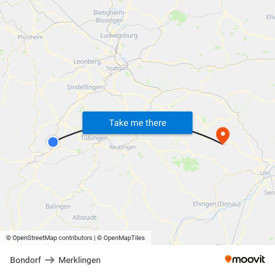 Bondorf to Merklingen map