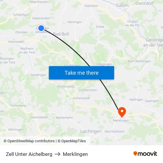 Zell Unter Aichelberg to Merklingen map