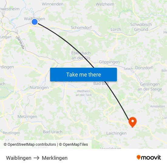 Waiblingen to Merklingen map