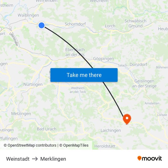 Weinstadt to Merklingen map