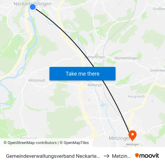 Gemeindeverwaltungsverband Neckartenzlingen to Metzingen map