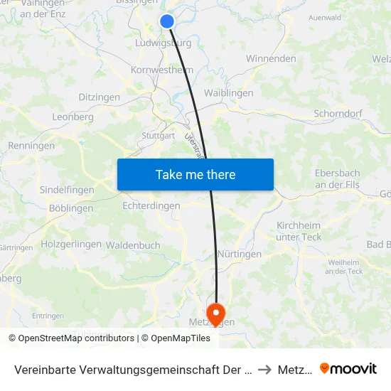 Vereinbarte Verwaltungsgemeinschaft Der Stadt Freiberg am Neckar to Metzingen map